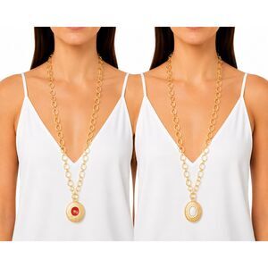 Chico's Nyssa Reversible Faux Carnelian White Jade Carbochan Chain 35" Necklace